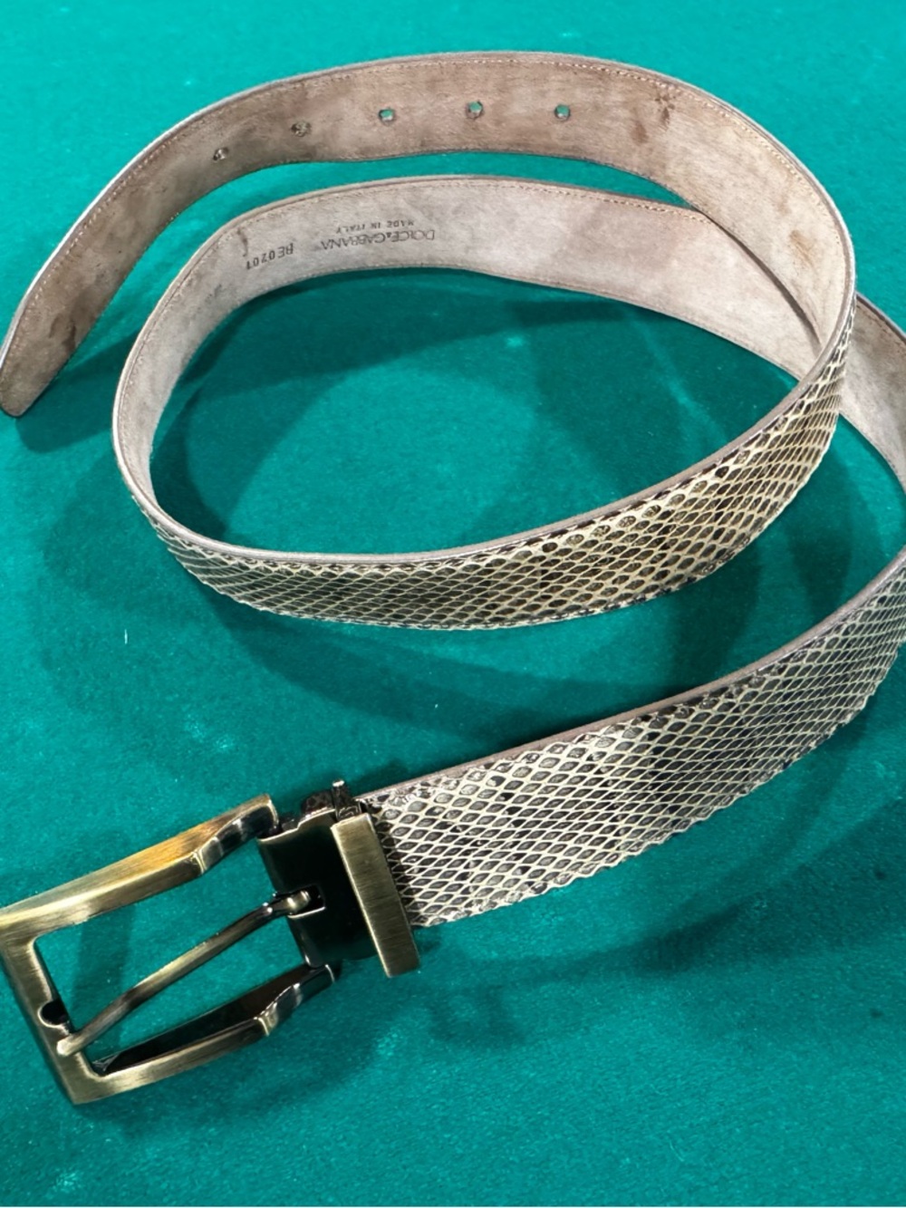 Dolce & Gabbana Gold Snakeskin Belt with Brushed Buckle